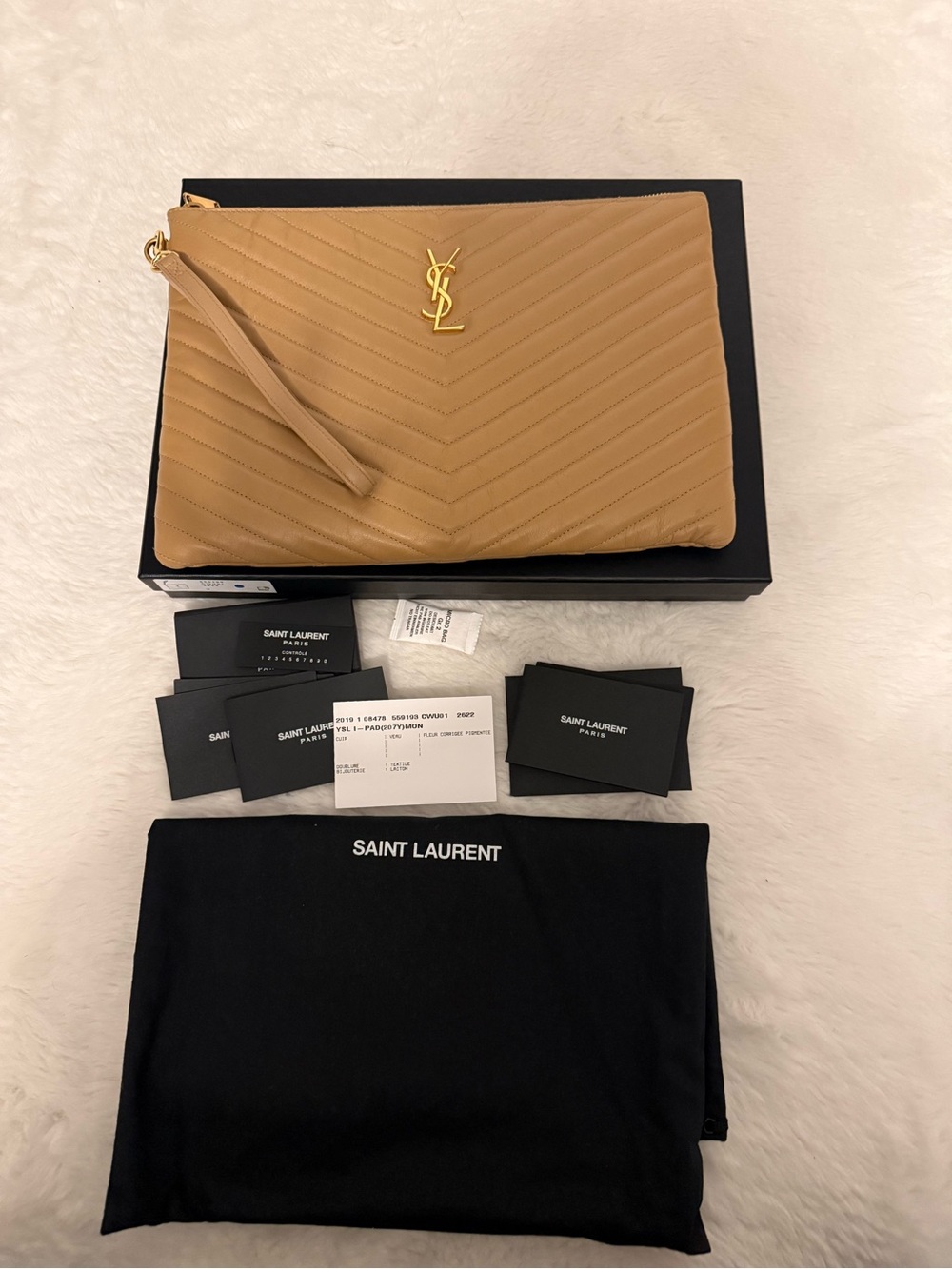 Saint Laurent Camel Quilted Leather Wristlet with Gold YSL Emblem